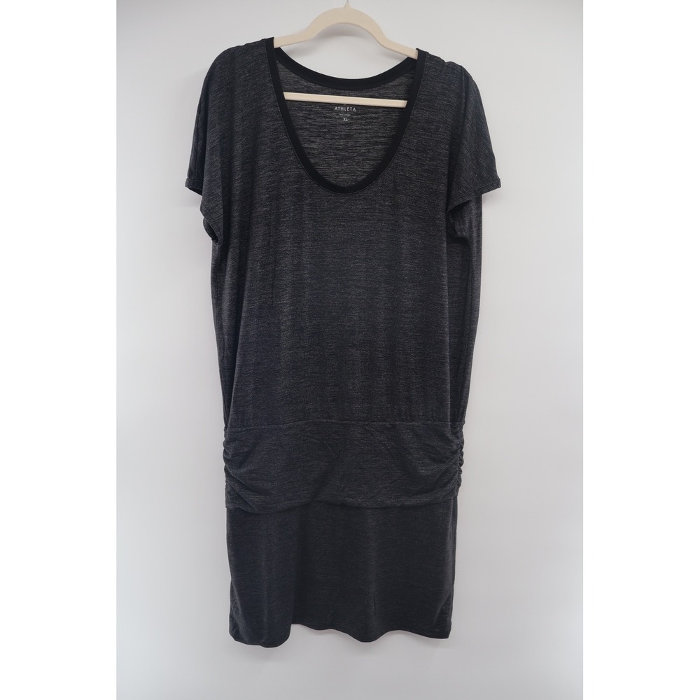 Athleta Odyssey Tee Dress Womens XL Gray‎ Black Ruched Waist Stretch Mini